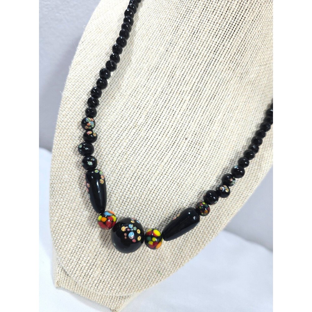 Vintage Murano Black Millefiori Glass Graduated Bead Necklace Estate Jewelry
